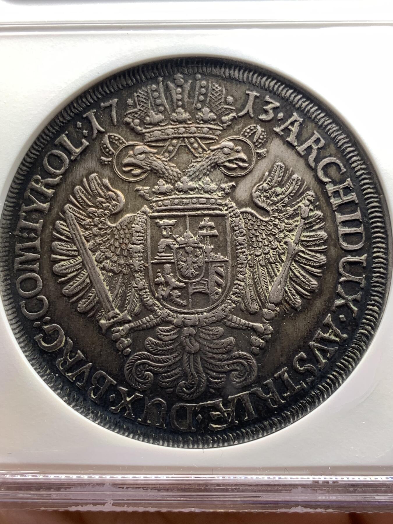 《竞宝斋》第481场 周日，周一 2场连拍 （全场包邮）20级店铺 欢迎送拍 NGC MS61 神圣罗马帝国1713年卡尔六世双头鹰大泰勒 超绝大波浪 原味深五彩包浆 疑似低评