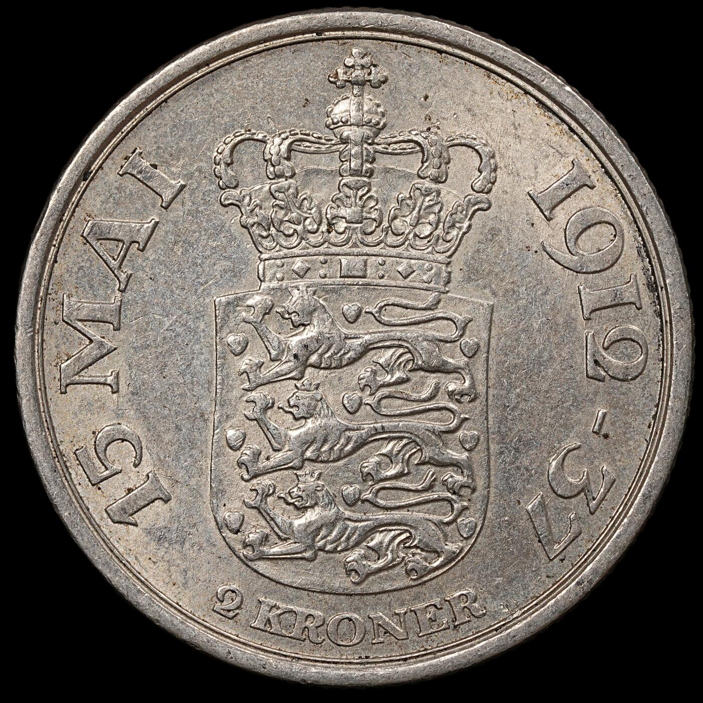 修遠堂世界钱币第112期 1937年丹麦国王登基25周年纪念2克朗银币 15g，含银80%