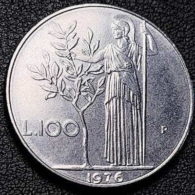 泉币菌-第229场-拍品多 请提前出价 意大利早期100里拉 月亮和记忆女神密涅瓦 不锈钢币 27.8mm