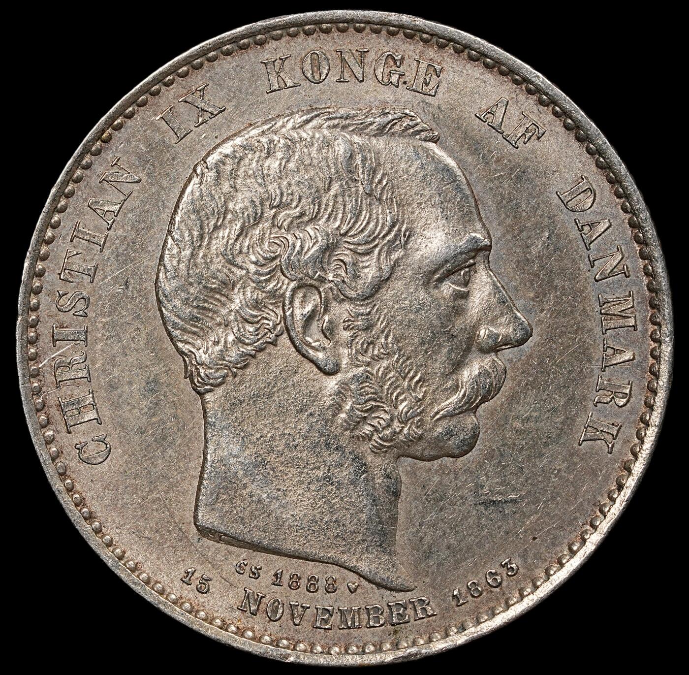 修遠堂世界钱币第112期 1888年丹麦国王登基25周年纪念2克朗银币 15g，含银80%