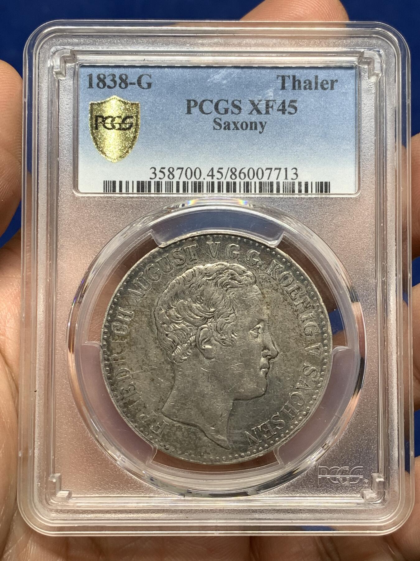《竞宝斋》第481场 周日，周一 2场连拍 （全场包邮）20级店铺 欢迎送拍 PCGS XF45 德意志萨克森1838年弗里德里希·奥古斯特二世1泰勒银币