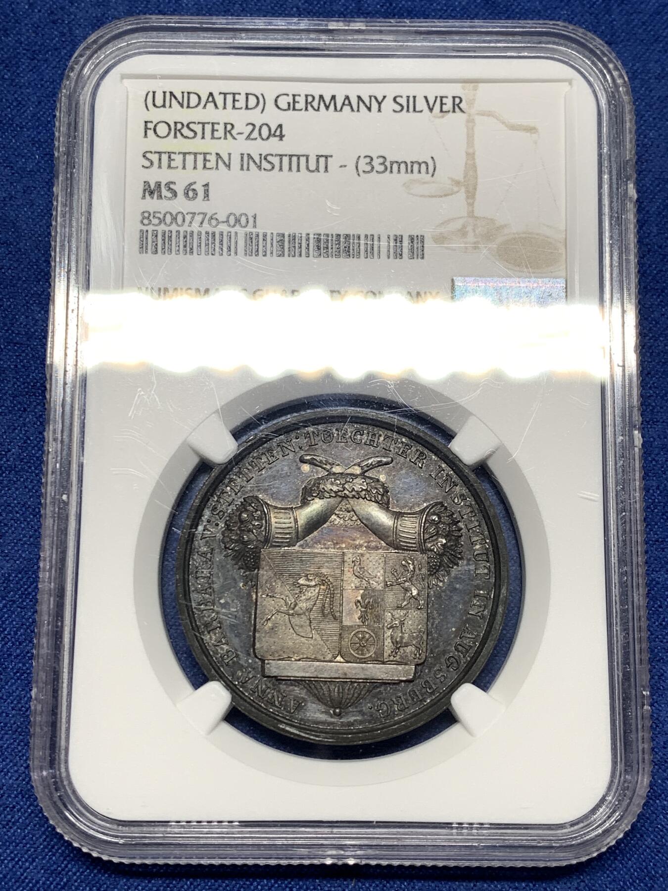 《竞宝斋》第481场 周日，周一 2场连拍 （全场包邮）20级店铺 欢迎送拍 NGC MS61 德国1837奥格斯堡女子学院纪念银章，极漂亮的欧洲黑五彩包浆，高浮雕高颜值。