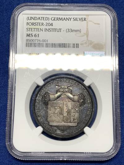 《竞宝斋》第481场 周日，周一 2场连拍 （全场包邮）20级店铺 欢迎送拍 - NGC MS61 德国1837奥格斯堡女子学院纪念银章，极漂亮的欧洲黑五彩包浆，高浮雕高颜值。