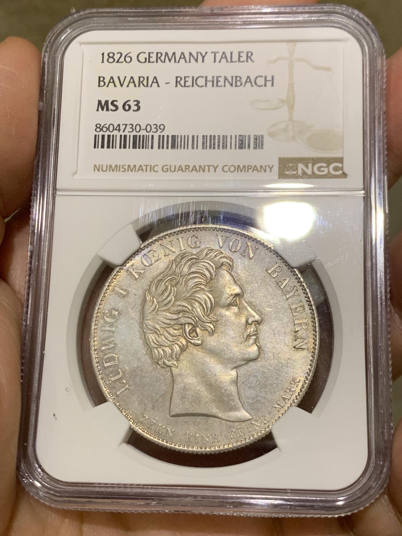《竞宝斋》第481场 周日，周一 2场连拍 （全场包邮）20级店铺 欢迎送拍 季军分 NGC MS63 德国 巴伐利亚 1826年 赖兴巴赫和弗劳恩霍夫 泰勒大银币 少见的品种 不错的分数