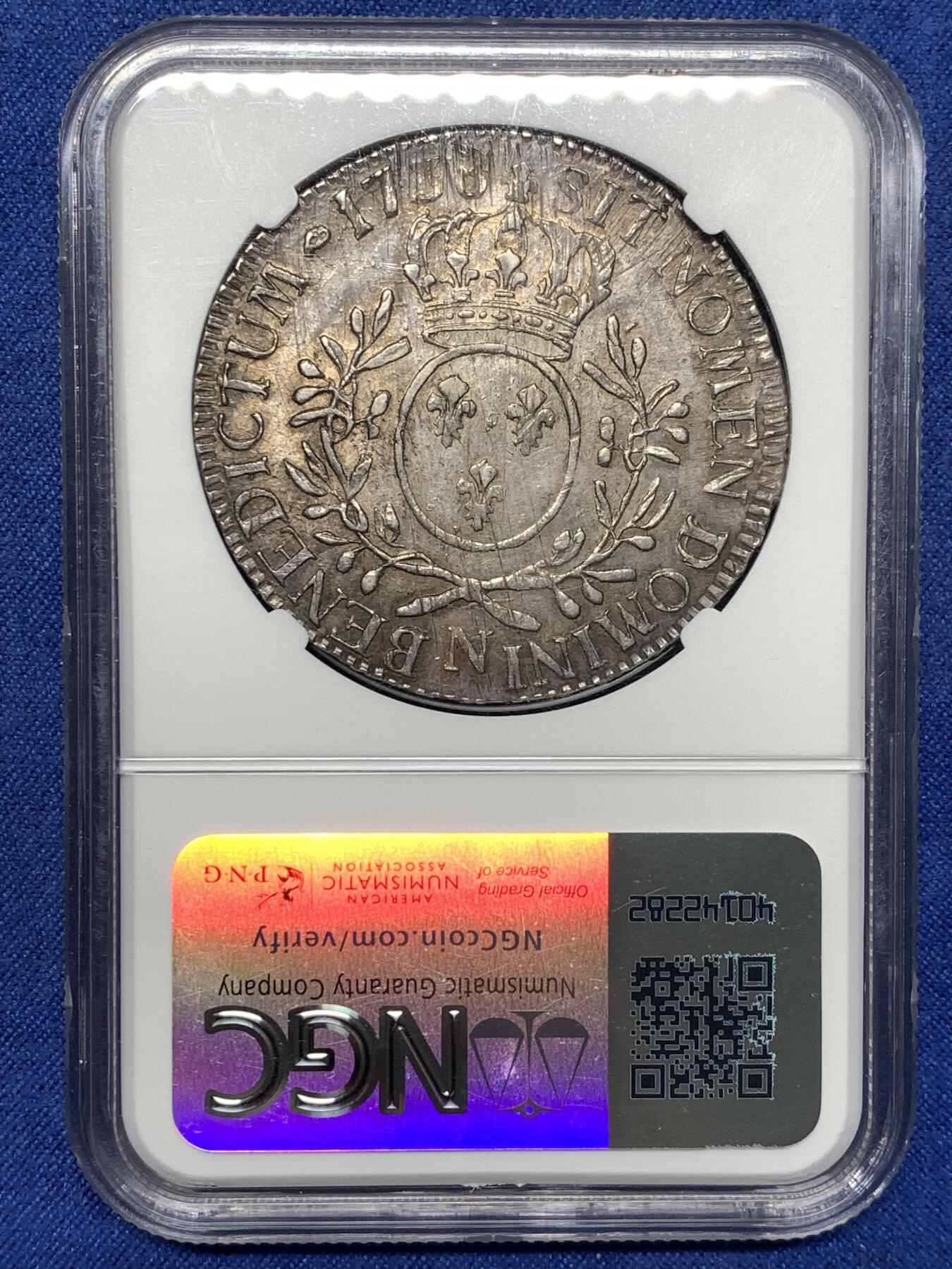 《竞宝斋》第481场 周日，周一 2场连拍 （全场包邮）20级店铺 欢迎送拍 唯一冠军分 NGC AU55 法国路易十五1738N埃居大银币 青年版背橄榄枝，1738年N厂 Montpellier 铸造，少见小厂唯一评级记录。状态很好细节拉满。