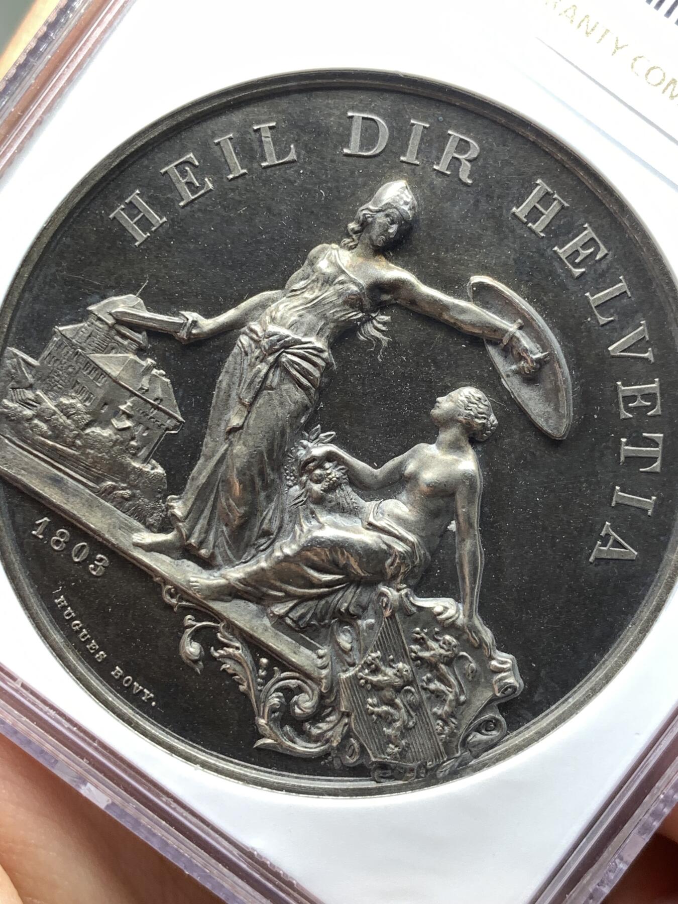 《竞宝斋》第481场 周日，周一 2场连拍 （全场包邮）20级店铺 欢迎送拍 NGC MS63 瑞士1890年弗劳恩费尔德射击节大银章 45mm 双面高浮雕 精美大气 品相状态不错，瑞士射击节中经典的品种