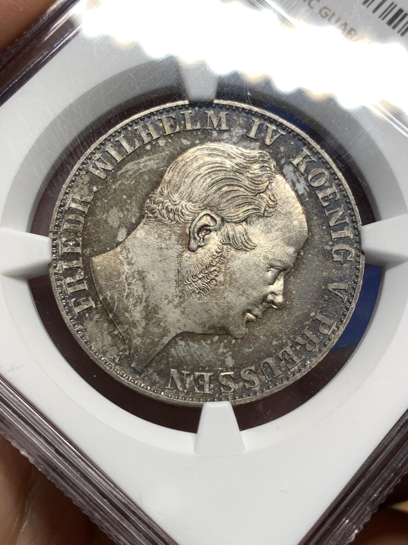 《竞宝斋》第481场 周日，周一 2场连拍 （全场包邮）20级店铺 欢迎送拍 唯一亚军分 NGC PF63CAMEO 德国1857A普鲁士威廉四世-洋葱头1泰勒离冠鹰银币 更高分仅1枚