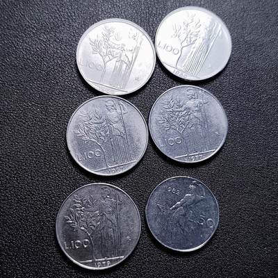 泉币菌-第229场-拍品多 请提前出价 6枚一组 意大利50里拉硬币 24mm ➕意大利100里拉硬币 27mm混合年份