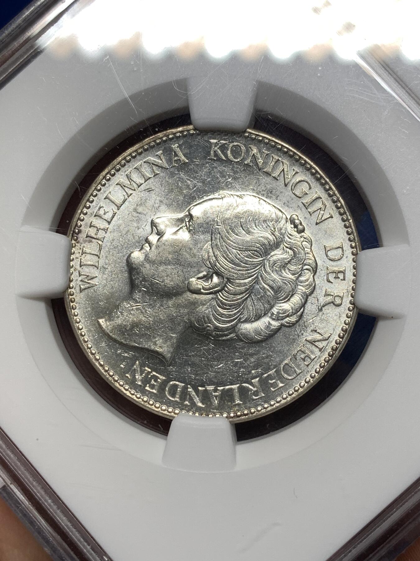 《竞宝斋》第481场 周日，周一 2场连拍 （全场包邮）20级店铺 欢迎送拍 NGC MS60 荷兰1939年1盾银币 好品稀少