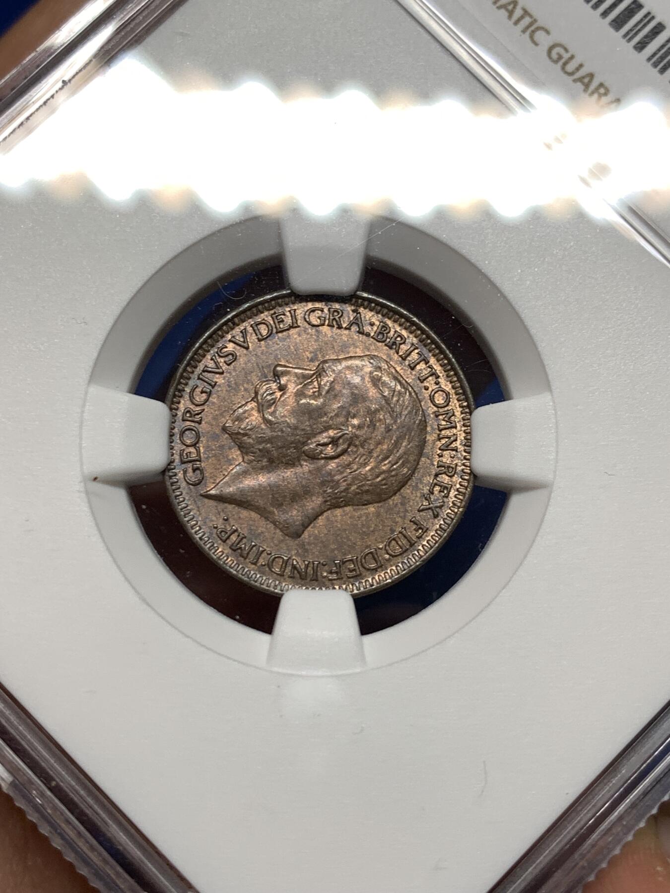 《竞宝斋》第481场 周日，周一 2场连拍 （全场包邮）20级店铺 欢迎送拍 NGC MS63BN 英国1929乔五1/4便士1法新 较为少见的年份，币面观感很好的一枚，近RB状态。亚军分 