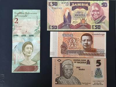 外币专场，全场0佣金，一项起包邮，第20260426  【乾奕收藏】亚洲非洲美洲国家纸币一组，包含委内瑞拉，尼日利亚，柬埔寨，赞比亚