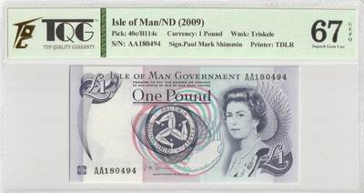 PThappally收藏第57次拍卖，英联邦地区硬币纸币 马姆岛，2009年，1英镑签名 P. M. Shimmin Pick 40c TQG 67 Superb Gem UNC