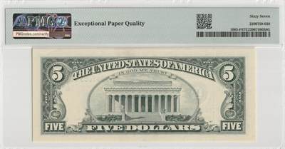 PThappally收藏第57次拍卖，英联邦地区硬币纸币 美国，1995年亚特兰大发行5美元，FR-1985F PMG 67 EPQ Superb Gem UNC