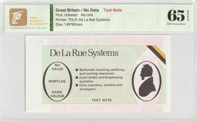 PThappally收藏第57次拍卖，英联邦地区硬币纸币 英国，德拉鲁测试票 无面值 TQG 65 GEPQ Gem UNC