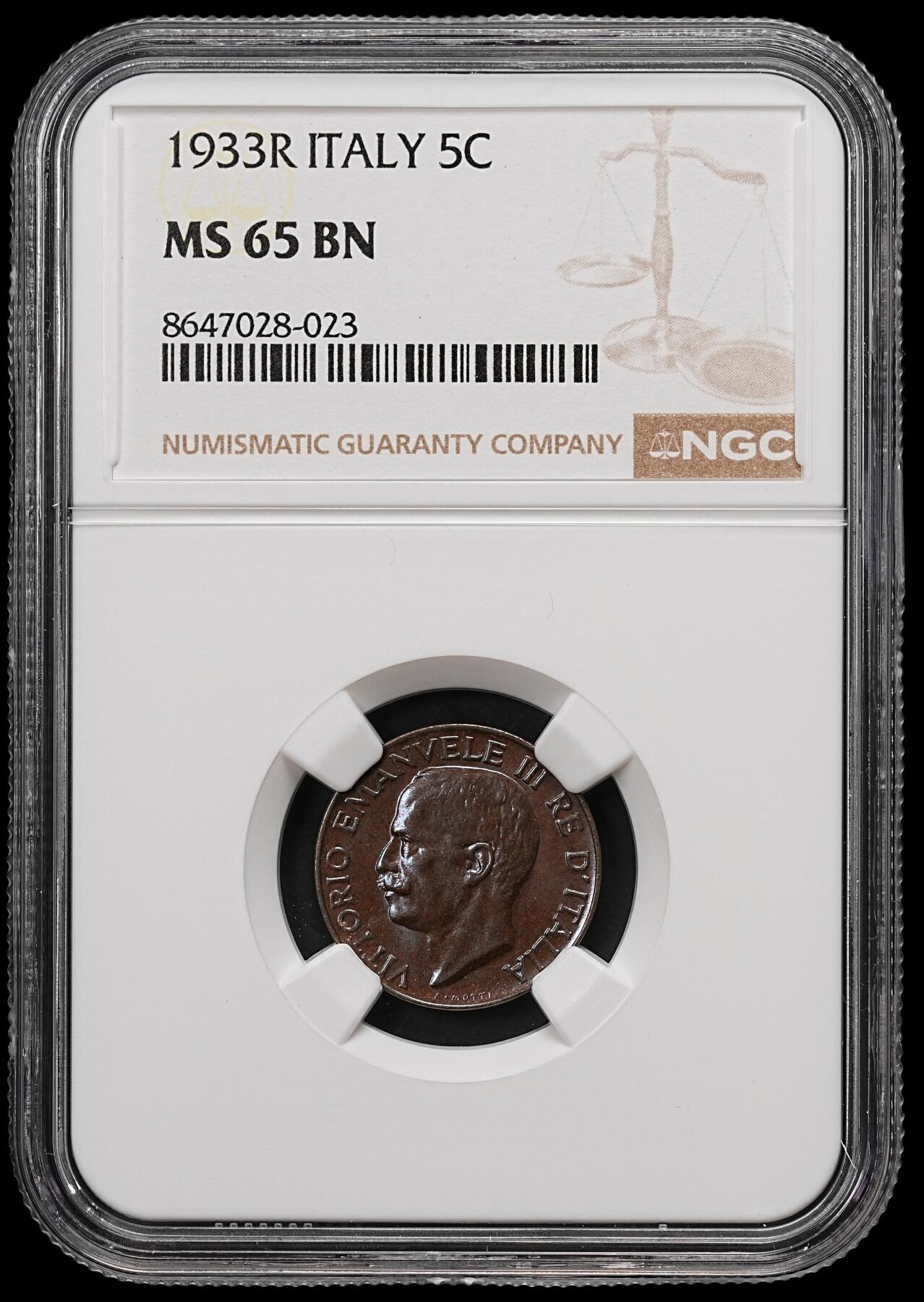 修遠堂世界钱币第112期 NGC MS65BN 1933年意大利5分铜币，上期拍品，被鸽重拍