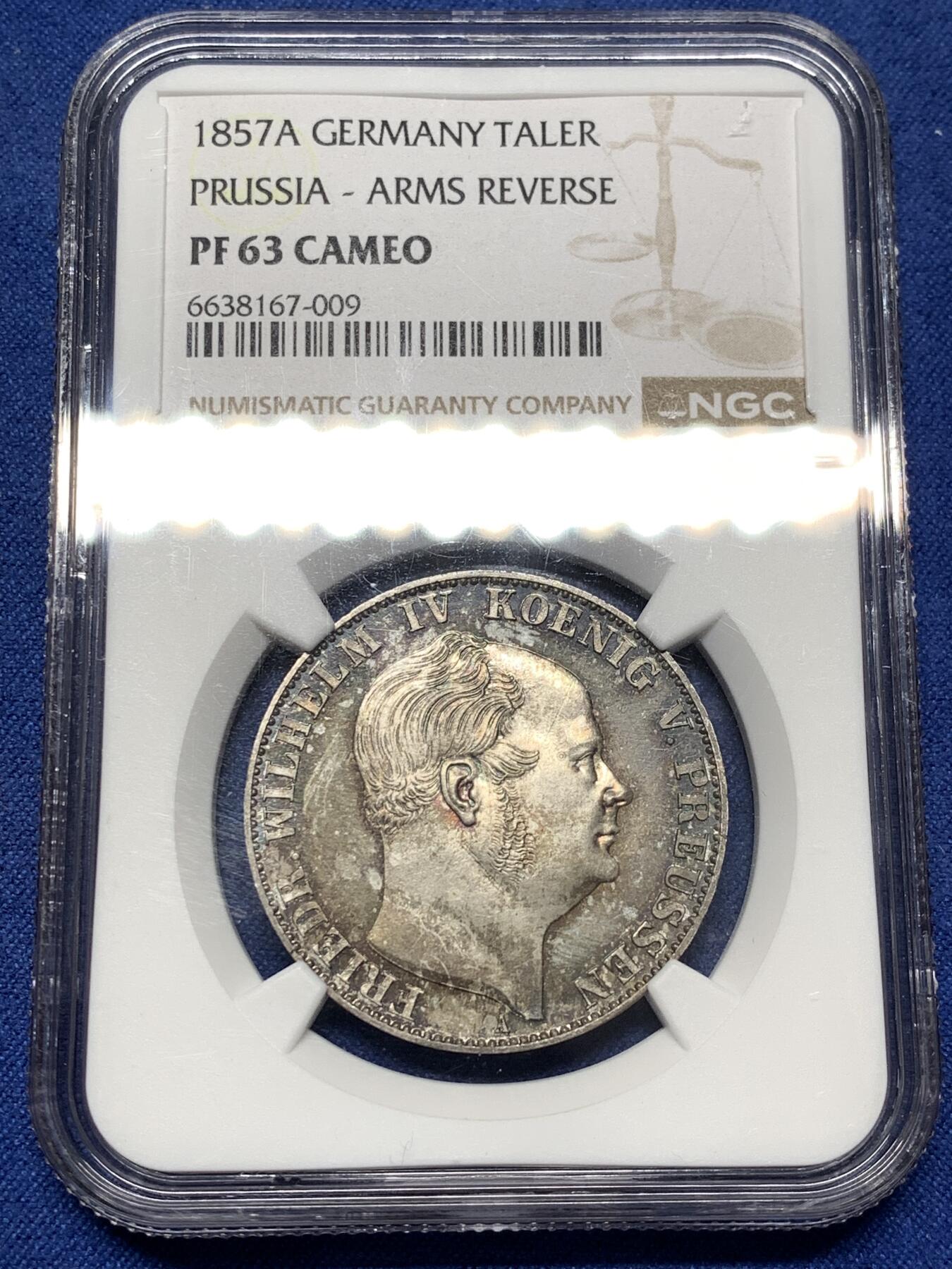 《竞宝斋》第481场 周日，周一 2场连拍 （全场包邮）20级店铺 欢迎送拍 唯一亚军分 NGC PF63CAMEO 德国1857A普鲁士威廉四世-洋葱头1泰勒离冠鹰银币 更高分仅1枚