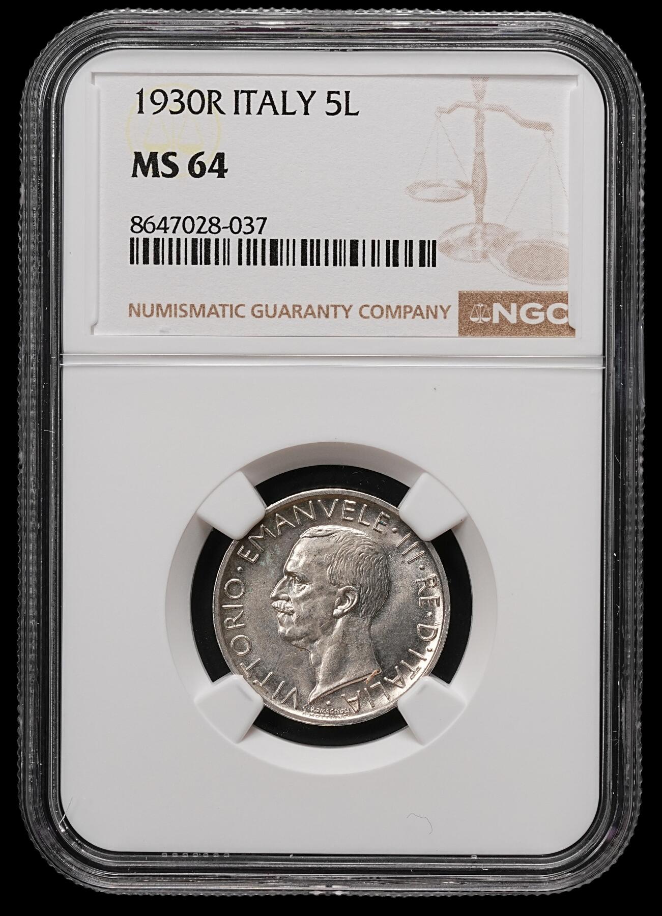 修遠堂世界钱币第112期 NGC MS64 1930年意大利5里拉银币，上期拍品，被鸽重拍