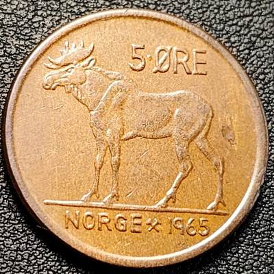 泉币菌-第229场-拍品多 请提前出价 1965年 挪威5欧尔青铜币 鹿 铜钱纪念币