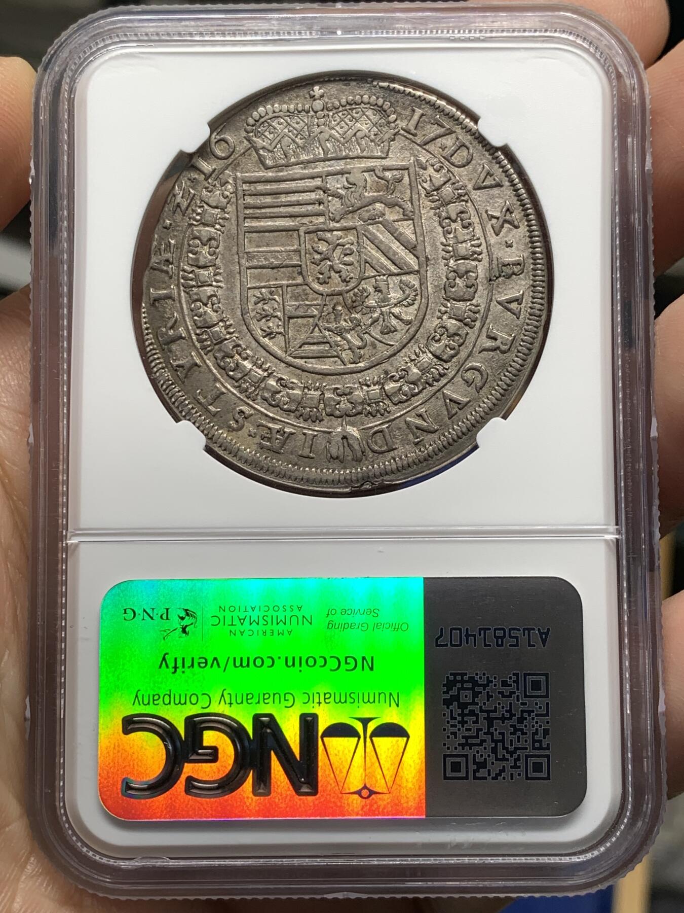 《竞宝斋》第481场 周日，周一 2场连拍 （全场包邮）20级店铺 欢迎送拍 NGC AU58 奥地利帝国 1617年 施蒂利亚公国 费迪南德 泰勒大银币 独年发行 稀少格拉兹厂版本 历经400多年 细节依然传神 去年53分成交价过1W 上月同分1.5w成交