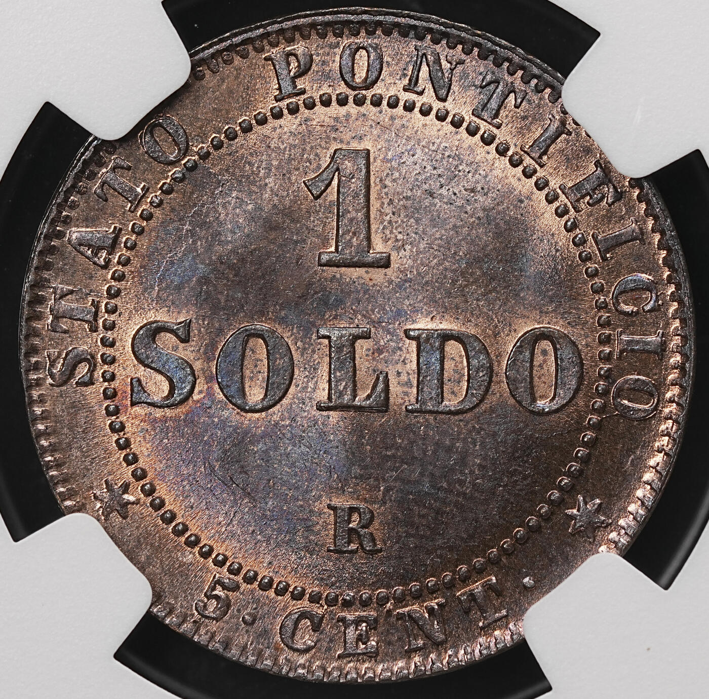 修遠堂世界钱币第112期 NGC MS65RB  1867年教皇国 1 Soldo 铜币