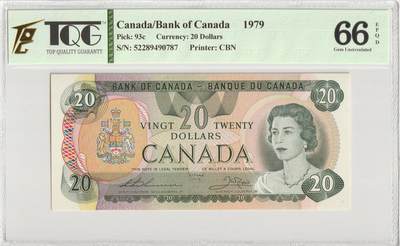PThappally收藏第57次拍卖，英联邦地区硬币纸币 加拿大，1979年，20加元，编号93c TQG 66 EPQD Gem UNC