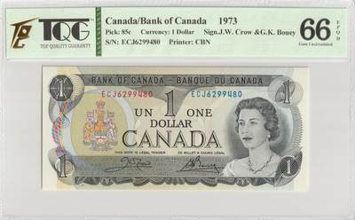 PThappally收藏第57次拍卖，英联邦地区硬币纸币 加拿大，1973年，1加元 选85c TQG 66 EPQD Gem UNC