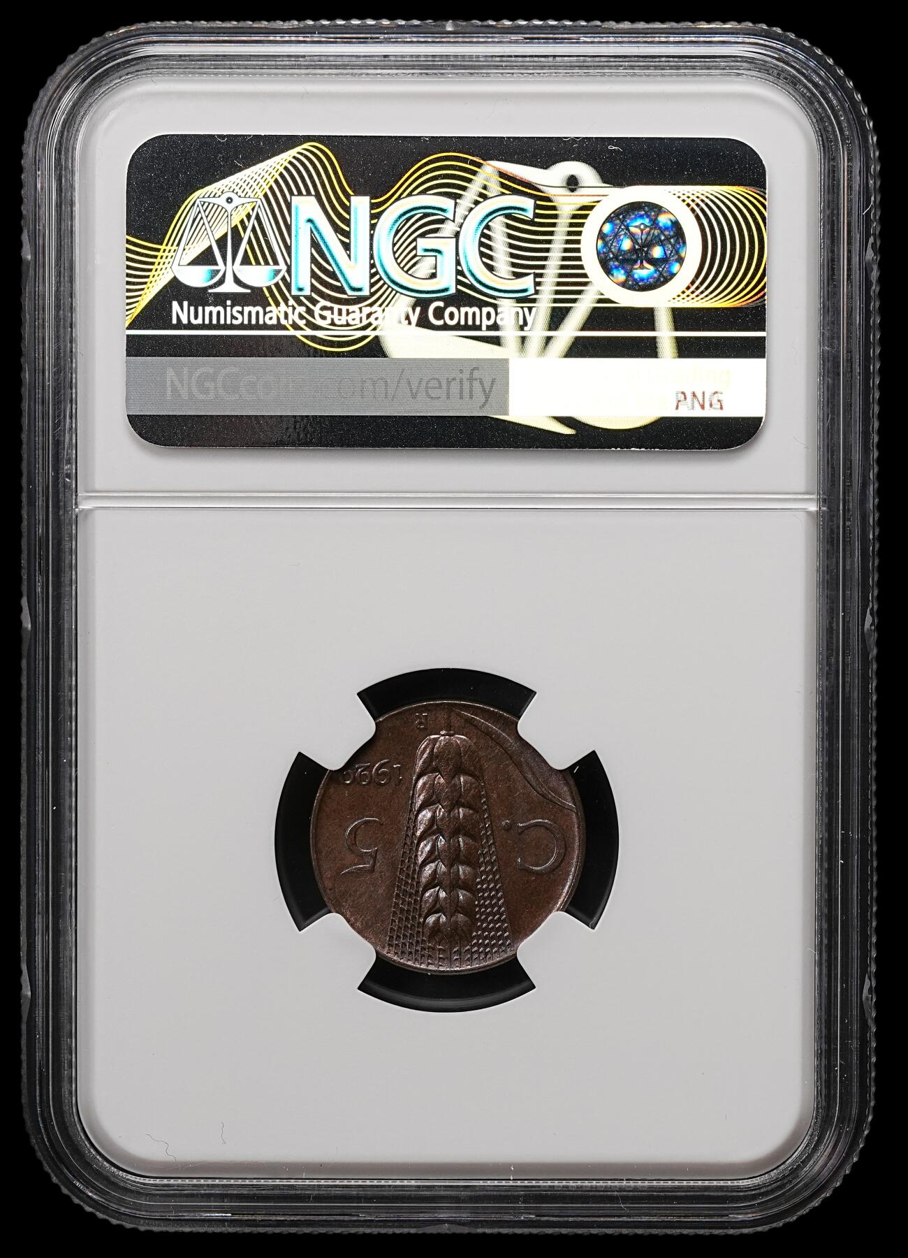 修遠堂世界钱币第112期 NGC MS65BN 1929年意大利5分铜币，上期拍品，被鸽重拍