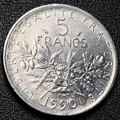 泉币菌-第229场-拍品多 请提前出价 法国早期（1990年）5法郎大镍币 29MM 播种女神 入欧前末版 绝版币