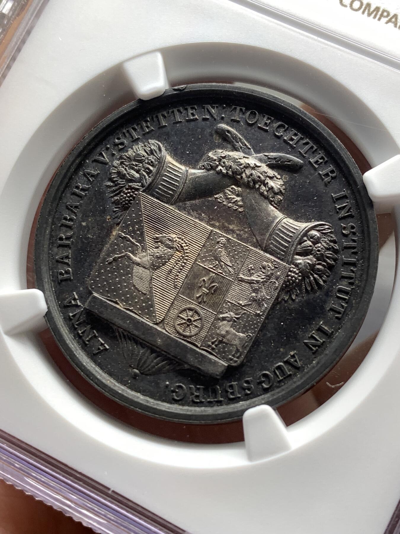 《竞宝斋》第481场 周日，周一 2场连拍 （全场包邮）20级店铺 欢迎送拍 NGC MS61 德国1837奥格斯堡女子学院纪念银章，极漂亮的欧洲黑五彩包浆，高浮雕高颜值。