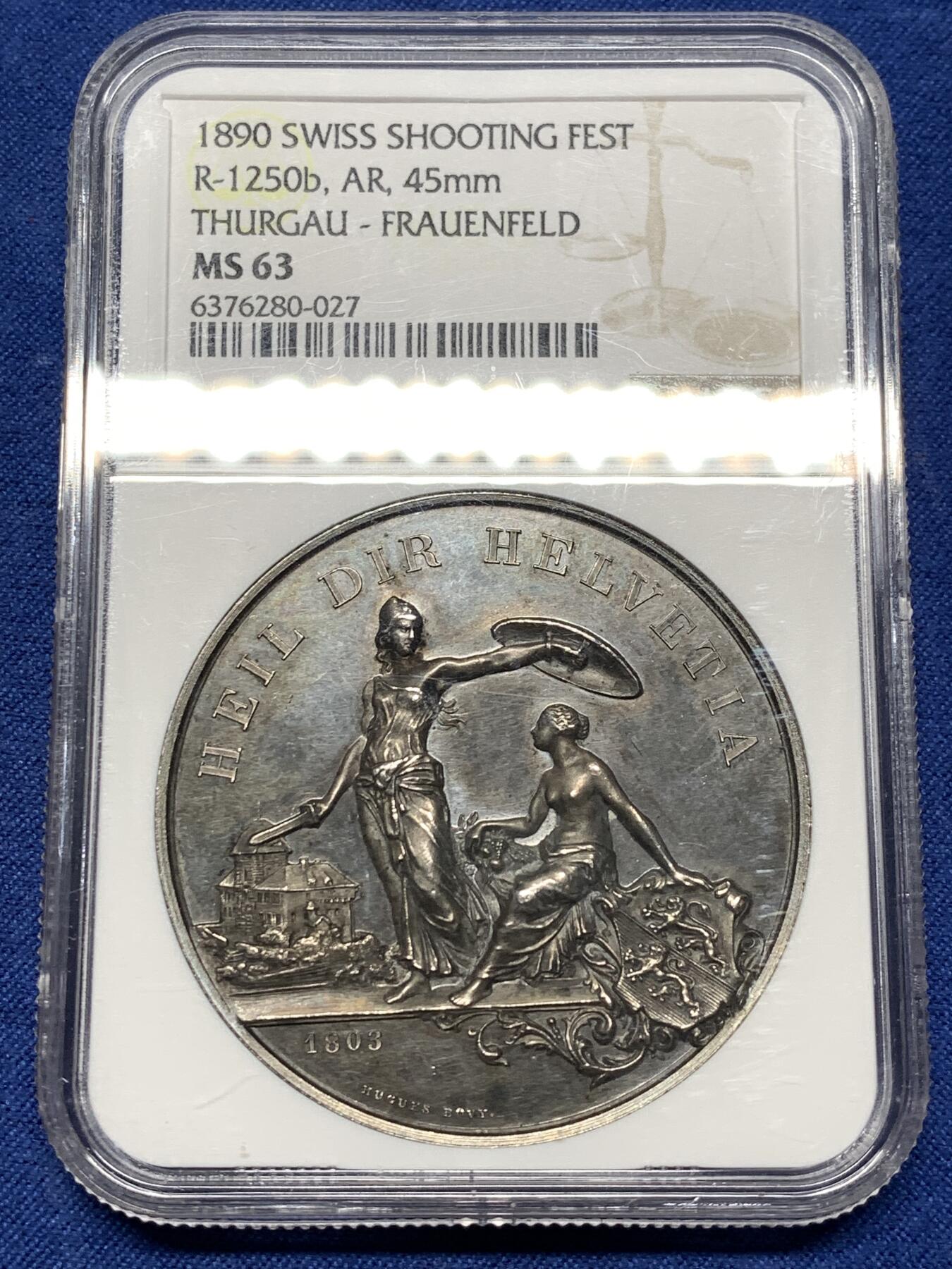 《竞宝斋》第481场 周日，周一 2场连拍 （全场包邮）20级店铺 欢迎送拍 NGC MS63 瑞士1890年弗劳恩费尔德射击节大银章 45mm 双面高浮雕 精美大气 品相状态不错，瑞士射击节中经典的品种