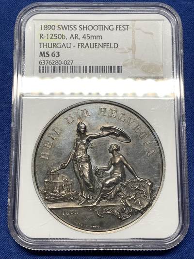 《竞宝斋》第481场 周日，周一 2场连拍 （全场包邮）20级店铺 欢迎送拍 - NGC MS63 瑞士1890年弗劳恩费尔德射击节大银章 45mm 双面高浮雕 精美大气 品相状态不错，瑞士射击节中经典的品种
