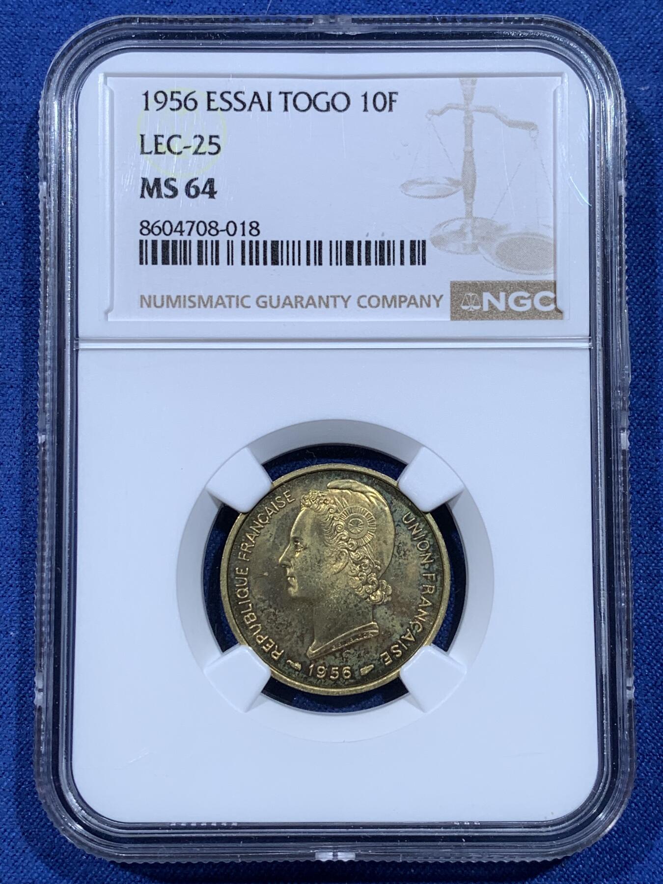 《竞宝斋》第481场 周日，周一 2场连拍 （全场包邮）20级店铺 欢迎送拍 三枚一组 NGC MS64-65 法属多哥 1956年 5/10/25法郎 ESSAI样币 统一高分状态