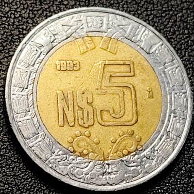 泉币菌-第229场-拍品多 请提前出价 1993年 墨西哥5比索 鹰蛇 双色币 25.5mm 
