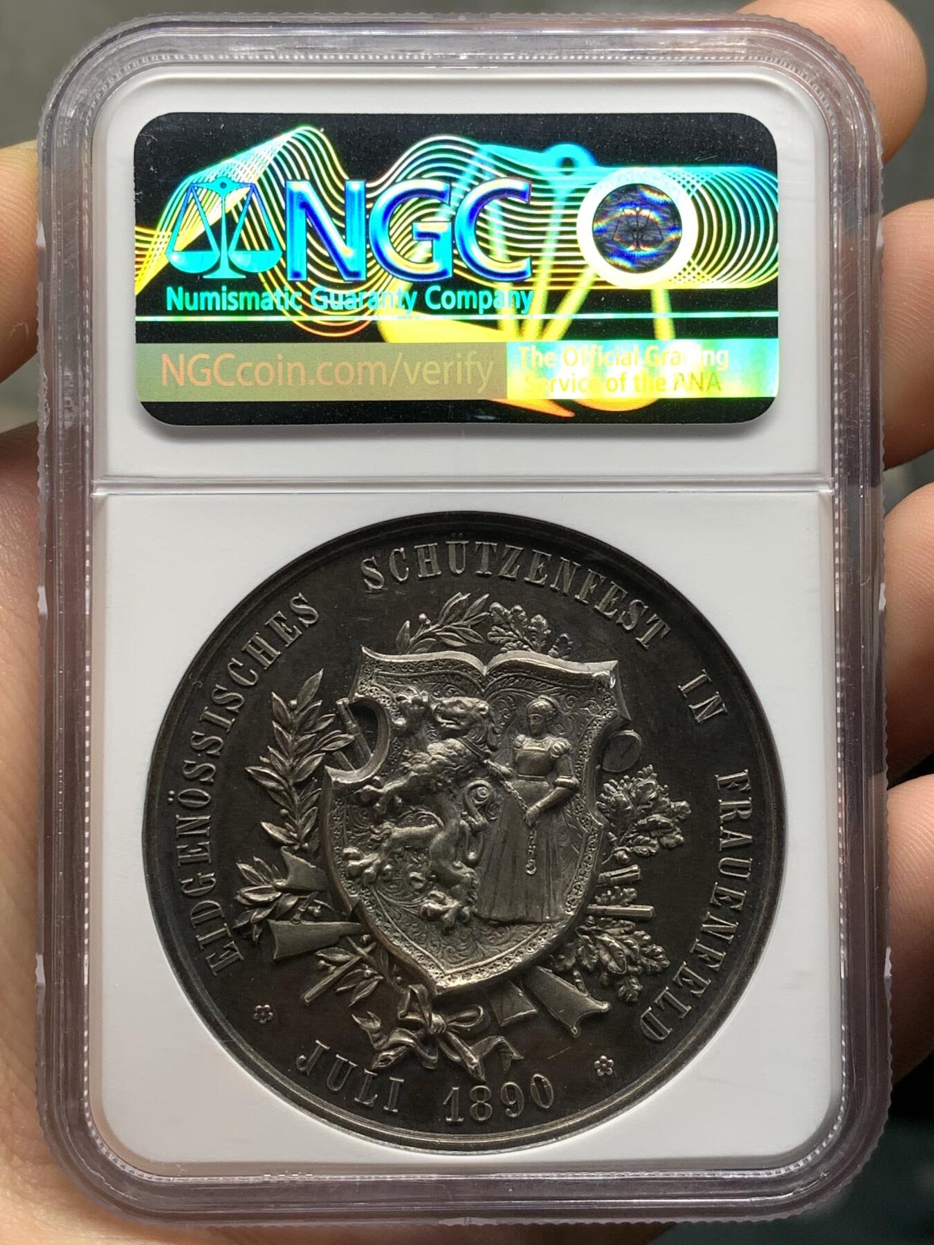 《竞宝斋》第481场 周日，周一 2场连拍 （全场包邮）20级店铺 欢迎送拍 NGC MS63 瑞士1890年弗劳恩费尔德射击节大银章 45mm 双面高浮雕 精美大气 品相状态不错，瑞士射击节中经典的品种