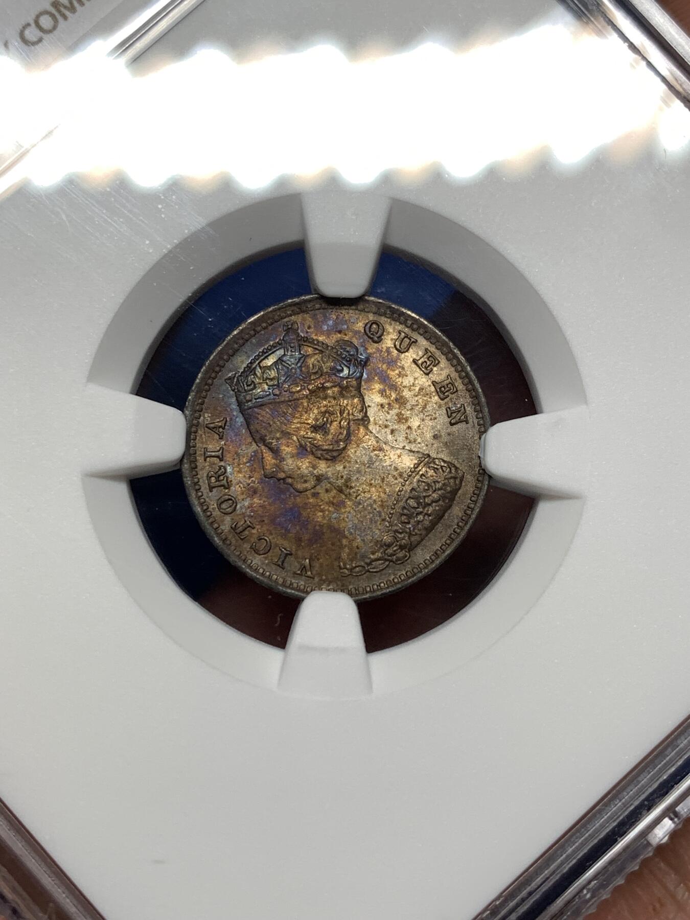 《竞宝斋》第481场 周日，周一 2场连拍 （全场包邮）20级店铺 欢迎送拍 NGC AU55 香港 1901年 维多利亚 一毫 银币 人像清晰 带彩