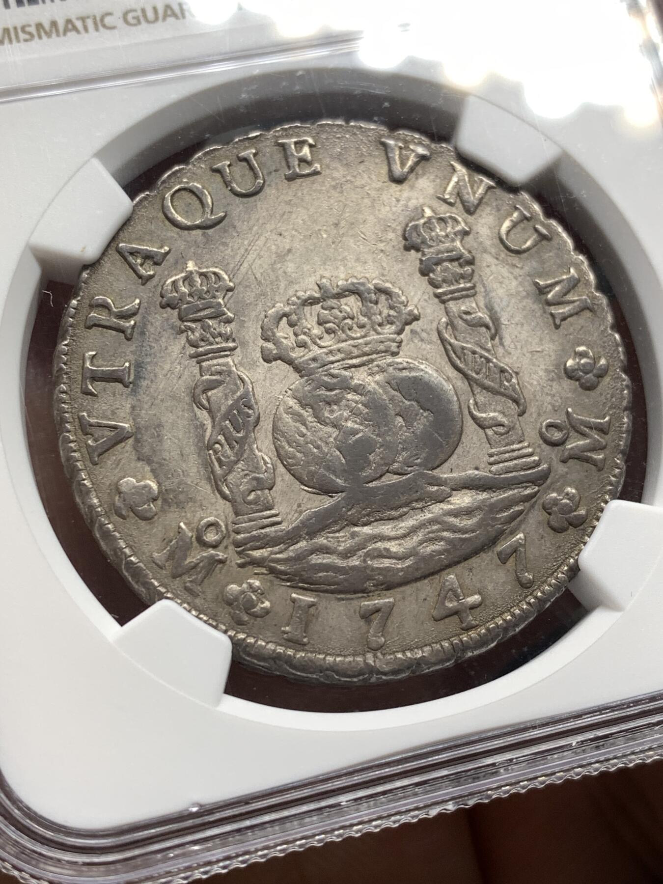 《竞宝斋》第481场 周日，周一 2场连拍 （全场包邮）20级店铺 欢迎送拍 NGC AU55 西属墨西哥1747年费尔南多六世 Mo MF版 8里亚尔 地球双柱 大银币 老包浆 味道佳