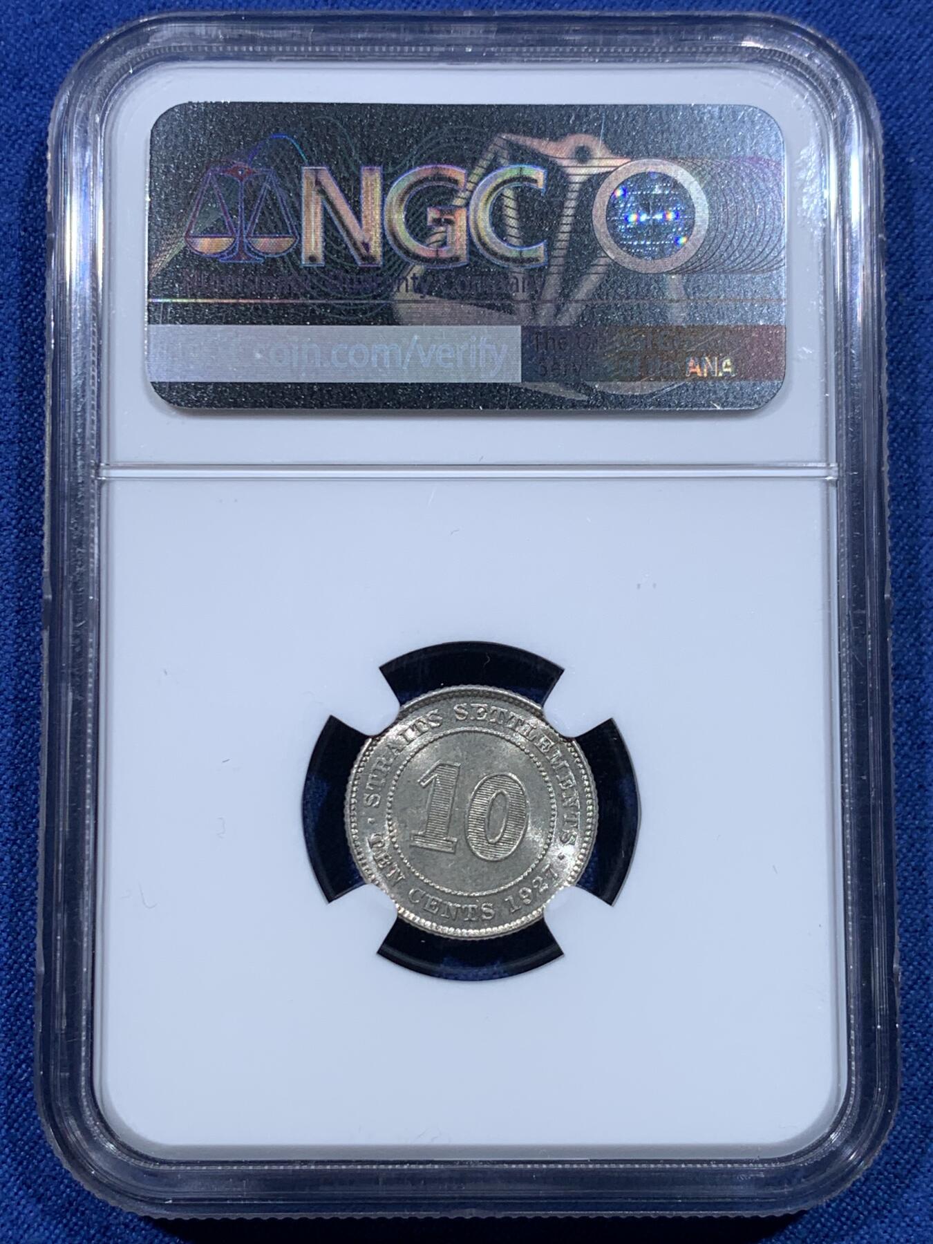 《竞宝斋》第482场 周日，周一 2场连拍 （全场包邮）20级店铺 欢迎送拍 NGC MS62 英属海峡1927年乔五10分银币