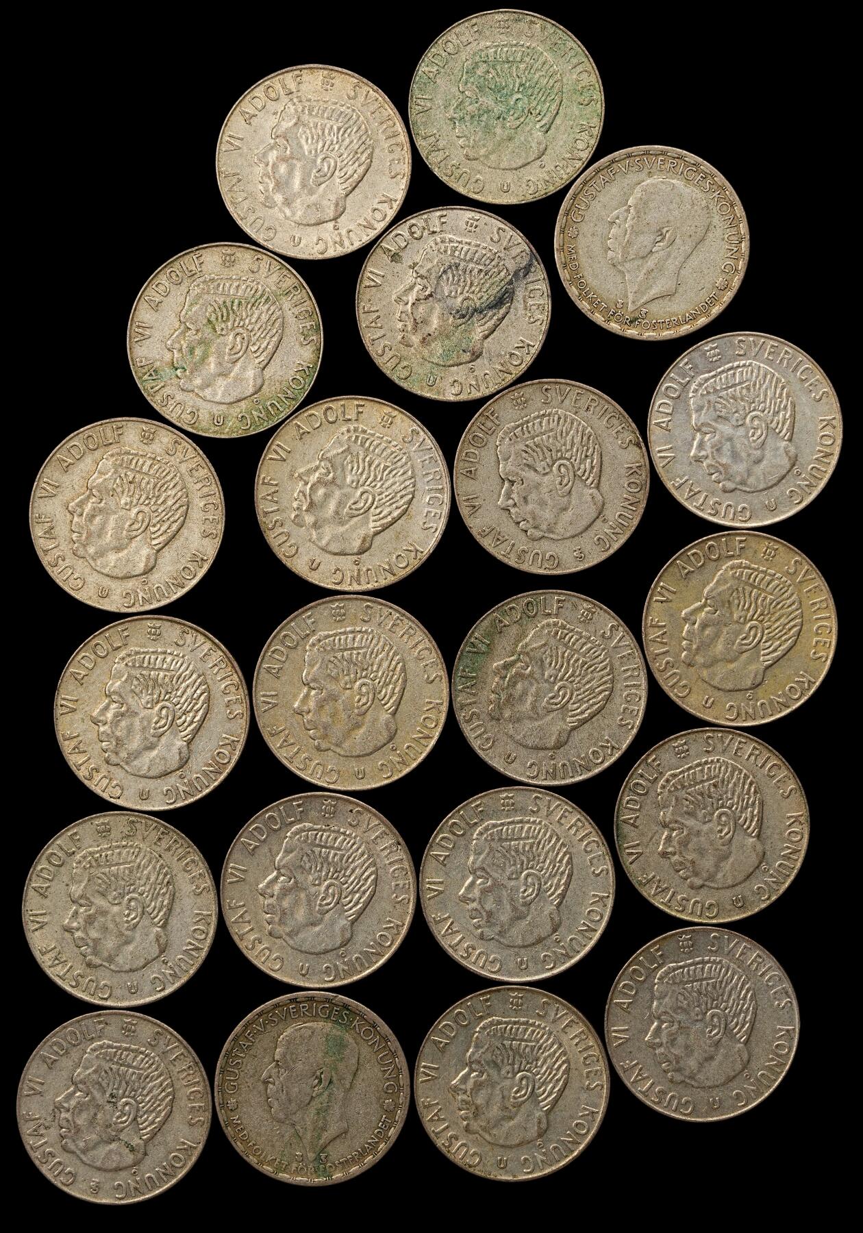 修遠堂世界钱币第112期 瑞典古斯塔夫五世-六世时期1克朗银币一组，总重147g，含银40%