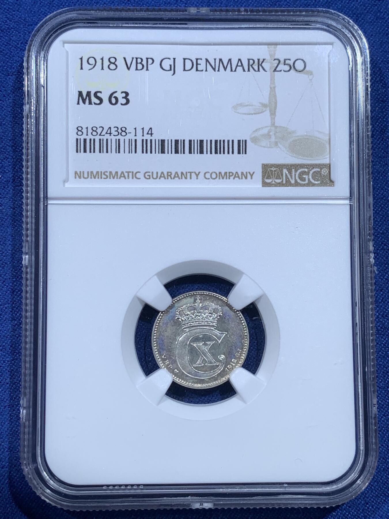 《竞宝斋》第482场 周日，周一 2场连拍 （全场包邮）20级店铺 欢迎送拍 NGC MS63 丹麦 1918年 25欧尔银币 凝光犀利 百年前的辅币这个状态也是难得了，值得入手