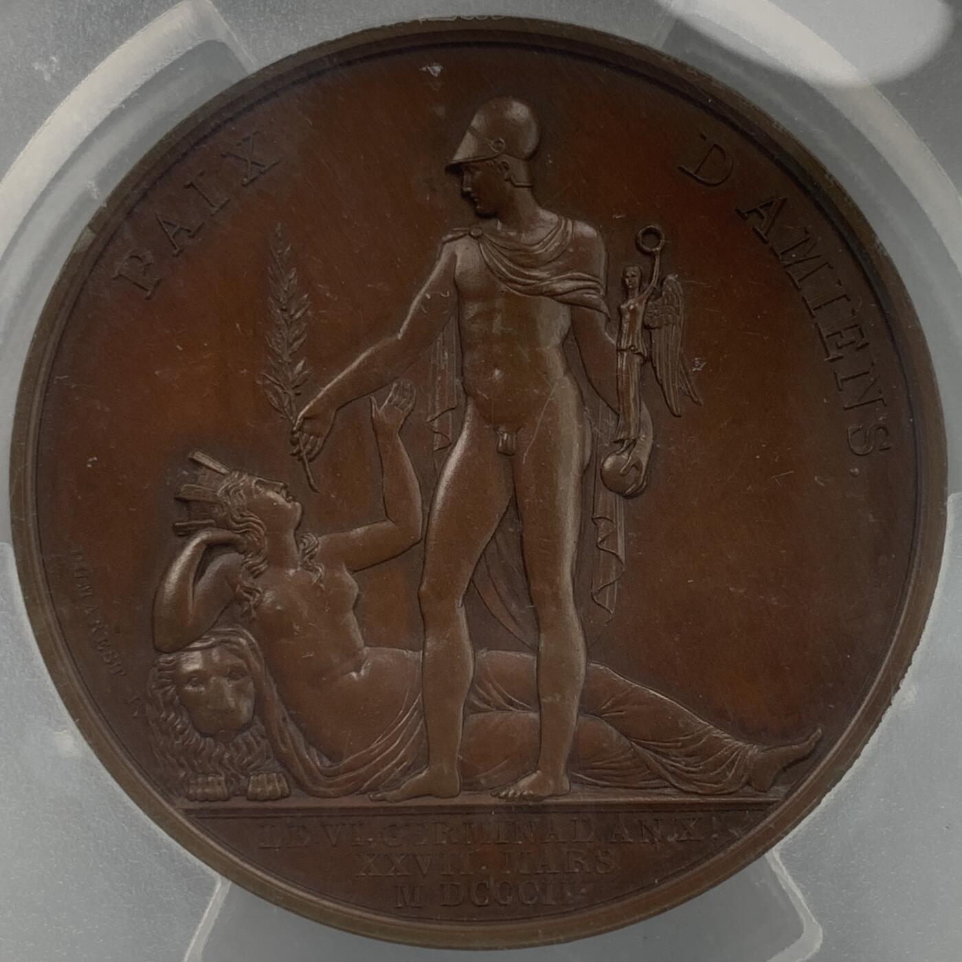 掌中浮雕-藏着的欧洲第059场 PCGS SP63 : 1802年法国拿破仑一世亚眠条约纪念大铜章，49mm