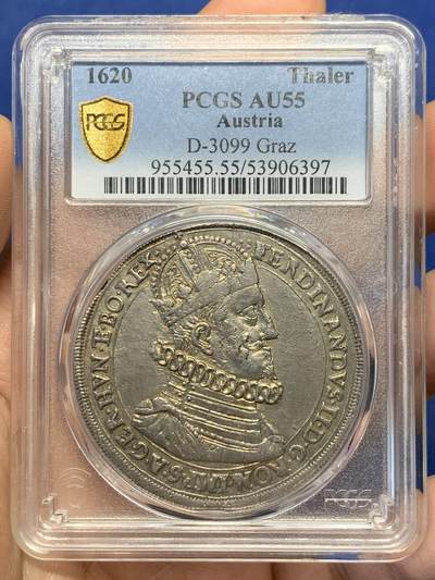 《竞宝斋》第482场 周日，周一 2场连拍 （全场包邮）20级店铺 欢迎送拍 - 亚军分 PCGS AU55 奥地利帝国 1620年 斐迪南二世 泰勒大银币 格拉茨造币厂 独年发行 少见皇冠头像 双面深打 更高分仅1枚 17世纪好品不易