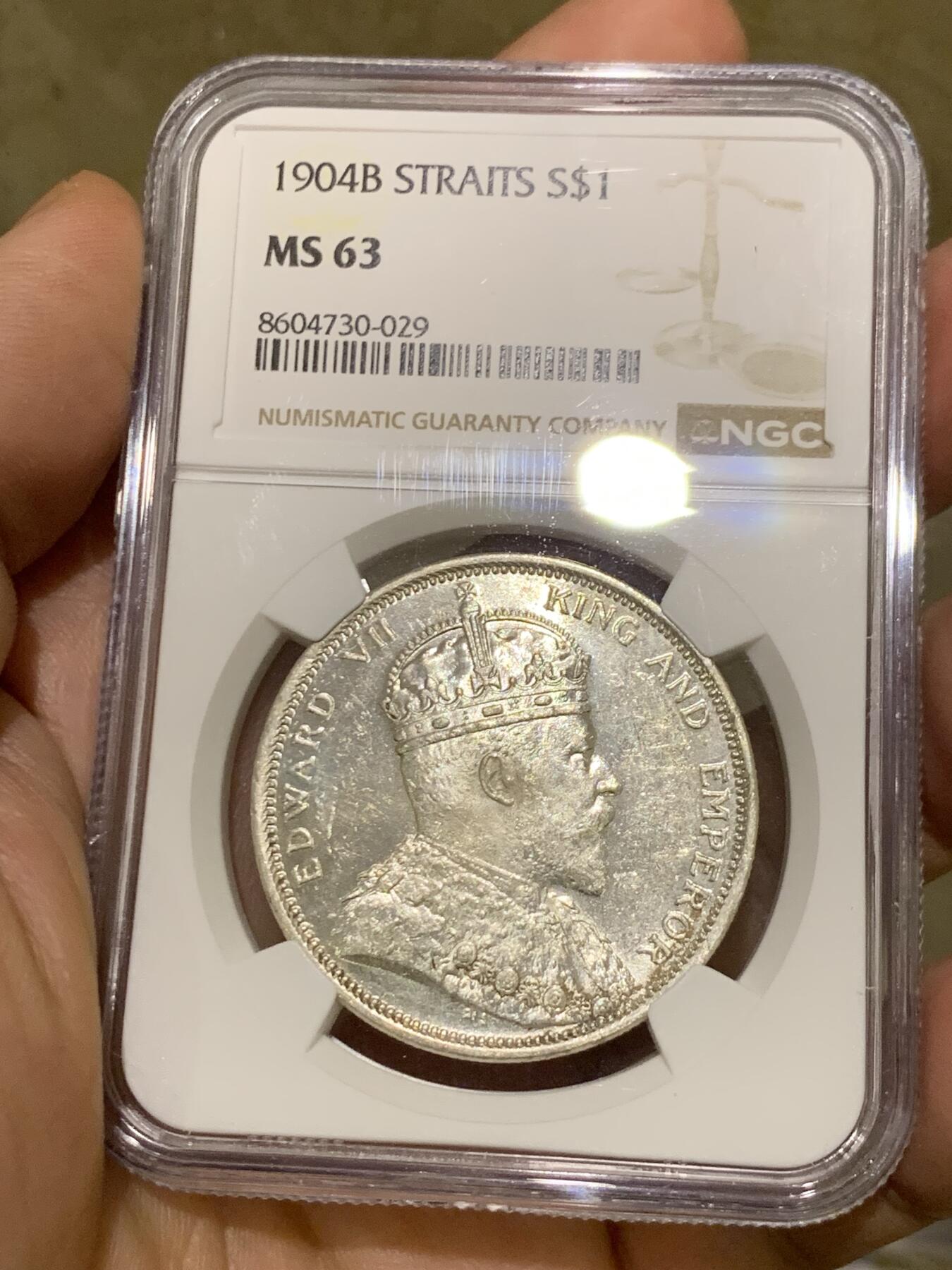 《竞宝斋》第482场 周日，周一 2场连拍 （全场包邮）20级店铺 欢迎送拍 NGC MS63 1904年英属海峡爱德华七世一元大样银币 顶级转光 还未见过如此炫亮的海峡 值得入手