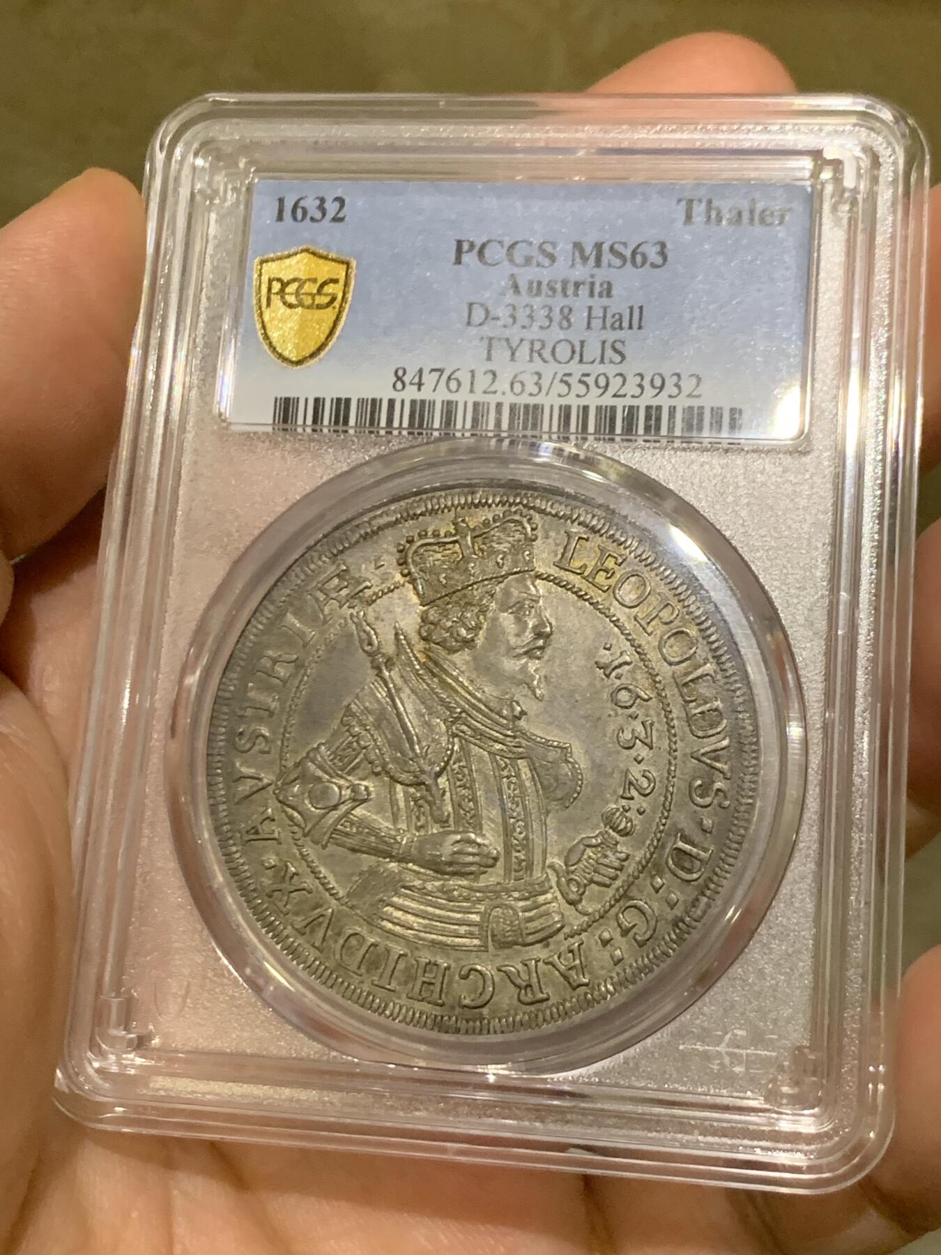 《竞宝斋》第482场 周日，周一 2场连拍 （全场包邮）20级店铺 欢迎送拍 PCGS MS63 神圣罗马 1632蒂罗尔大公利奧波德五世戎装像泰勒 TYROLIS 少见版本 难得全深打 深五彩收藏级 联合泰勒已经起飞 神罗是个不错的选择