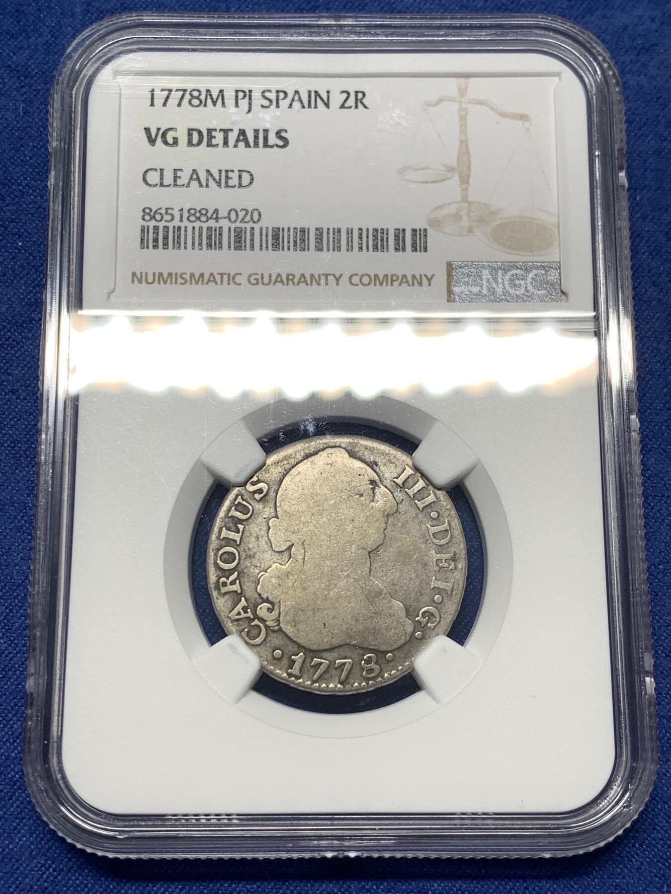 《竞宝斋》第482场 周日，周一 2场连拍 （全场包邮）20级店铺 欢迎送拍 NGC VGD 1778年西班牙本土2里亚尔银币，卡洛斯三世时期，马德里厂打制/M.验金师PJ，花边，少见品种。