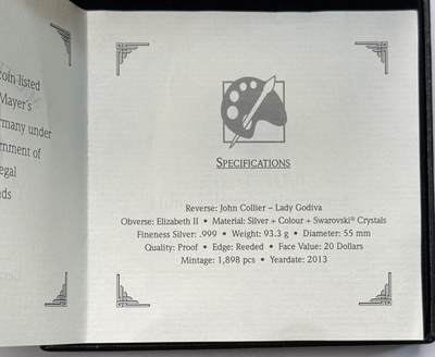 S&S Numismatic世界钱币-拍卖 第126期  库克群岛2013年 艺术大师系列-马背上的戈黛娃夫人（约翰·柯里尔绘）20元彩色镶水晶精制银币 3盎司999银 发行量1898