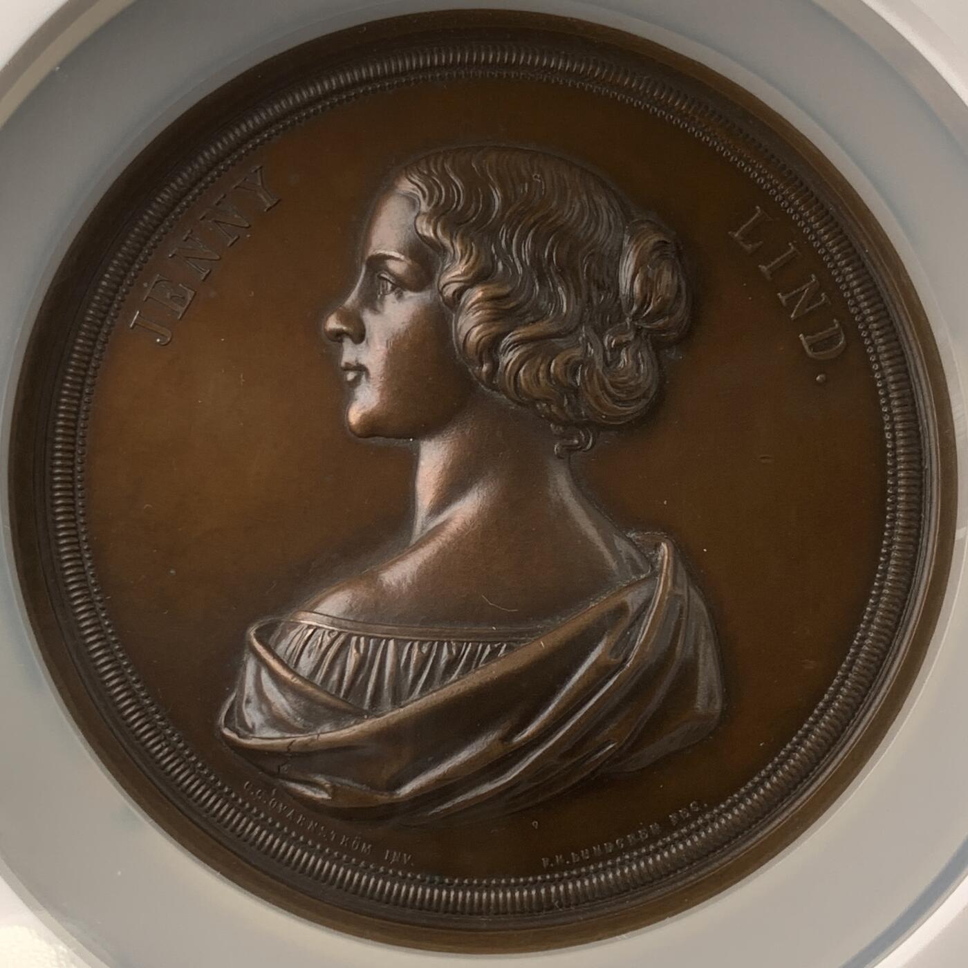 掌中浮雕-藏着的欧洲第059场 NGC MS62 ：1848年瑞典夜莺珍妮·林德铜章，78mm, P.H.Lundgren,高浮雕，NGC 加厚盒子