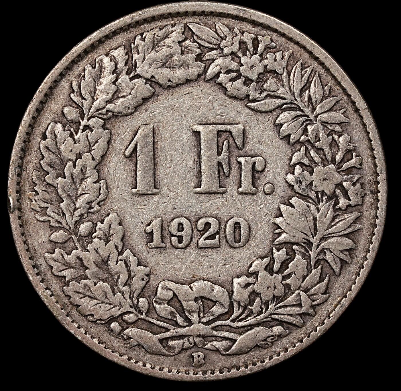 修遠堂世界钱币第112期 瑞士 1920 年 1 法郎银币，4.87g，含银83.5%