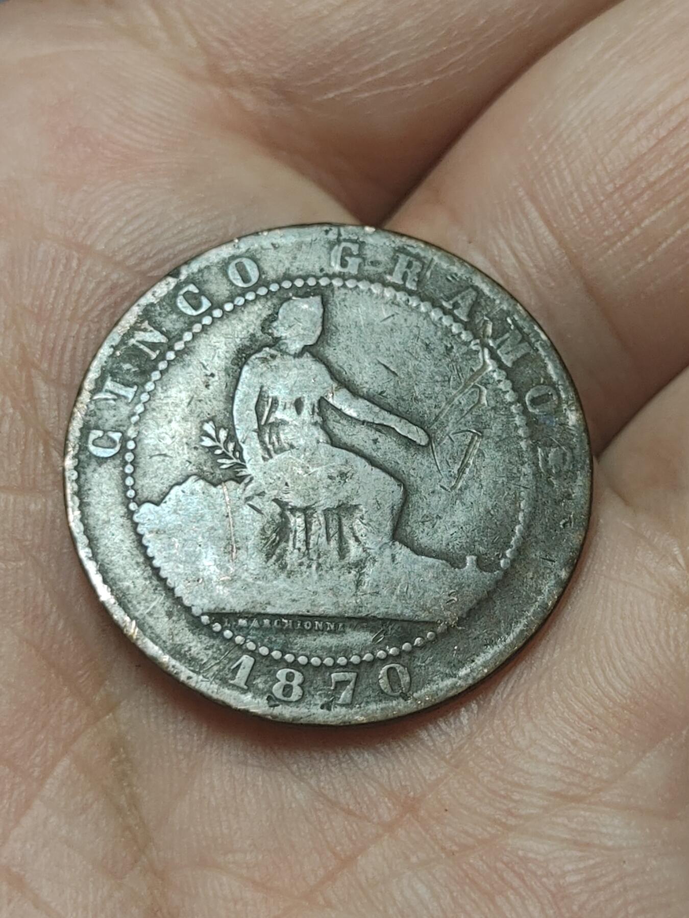 2026年第四十五场(总第二百一十四场）外国好品散币场(免佣金) 西班牙1870单年份5分(临时政府时期，OM八角星标，巴塞罗那造)