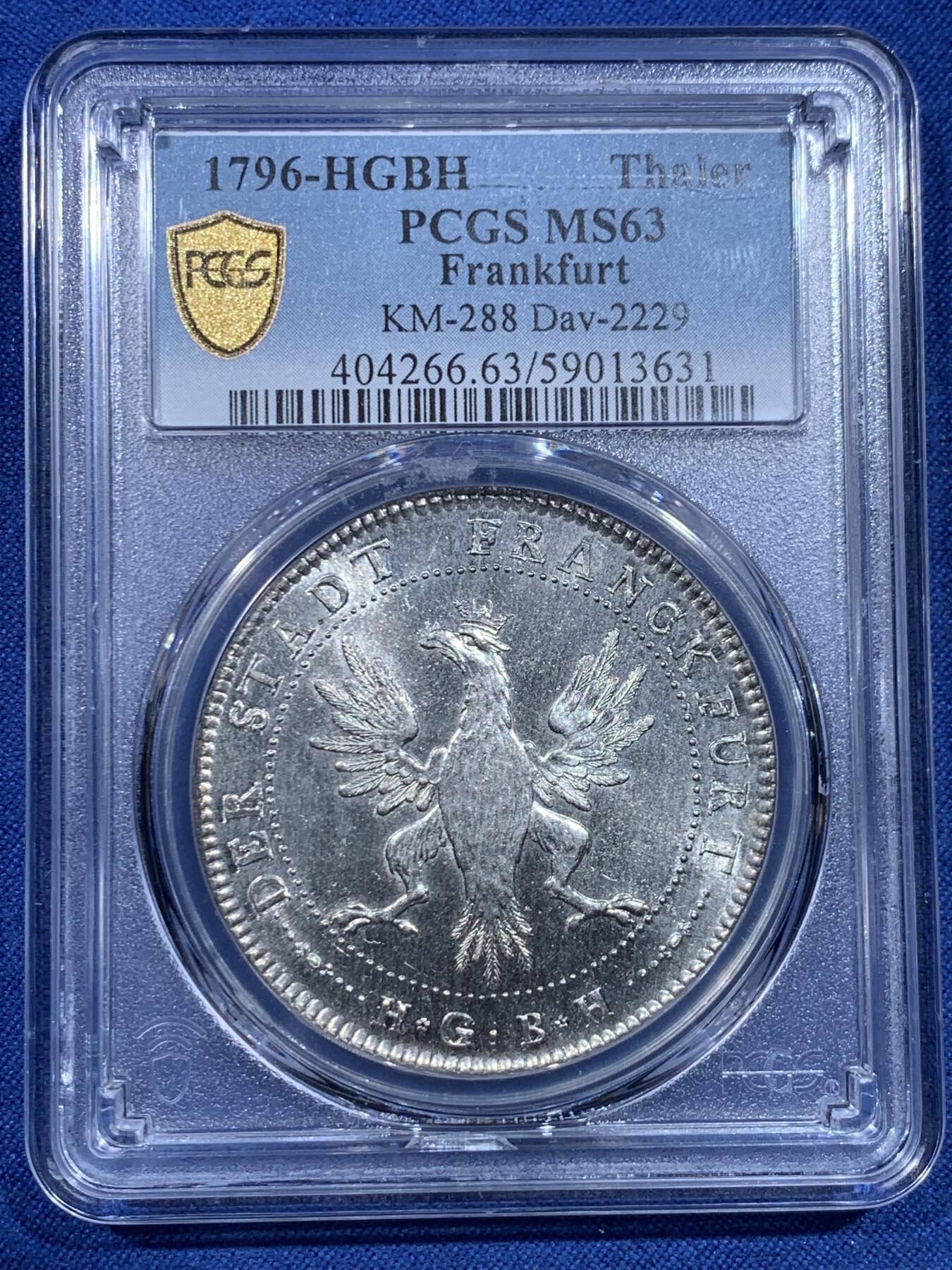 《竞宝斋》第482场 周日，周一 2场连拍 （全场包邮）20级店铺 欢迎送拍 季军分 PCGS MS63 德国 1796 法兰克福 烤鸡泰勒大银币 白净凝霜 十字转光 低评了