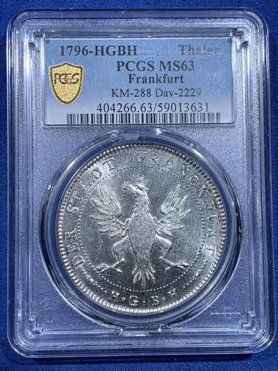 《竞宝斋》第482场 周日，周一 2场连拍 （全场包邮）20级店铺 欢迎送拍 - 季军分 PCGS MS63 德国 1796 法兰克福 烤鸡泰勒大银币 白净凝霜 十字转光 低评了